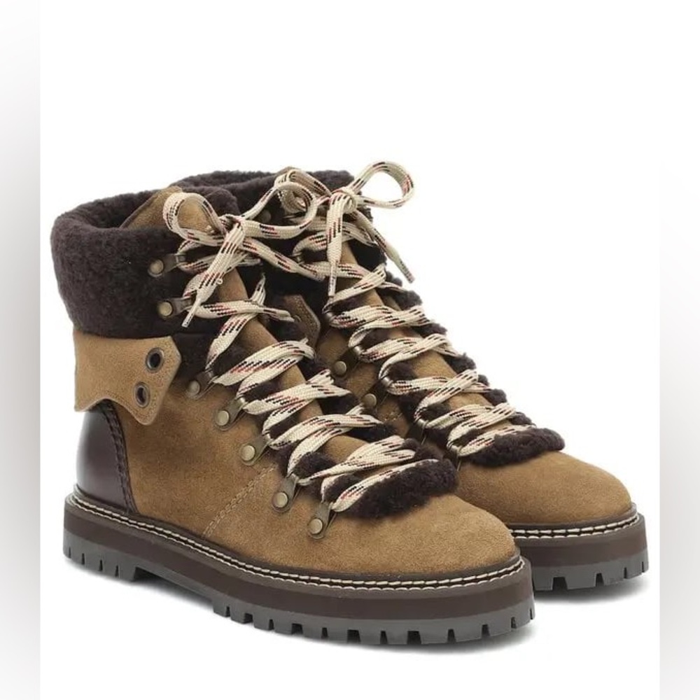 See by Chloé Eileen Suede & Shearling Lace-Up Hiker Boots Size 39 NWT